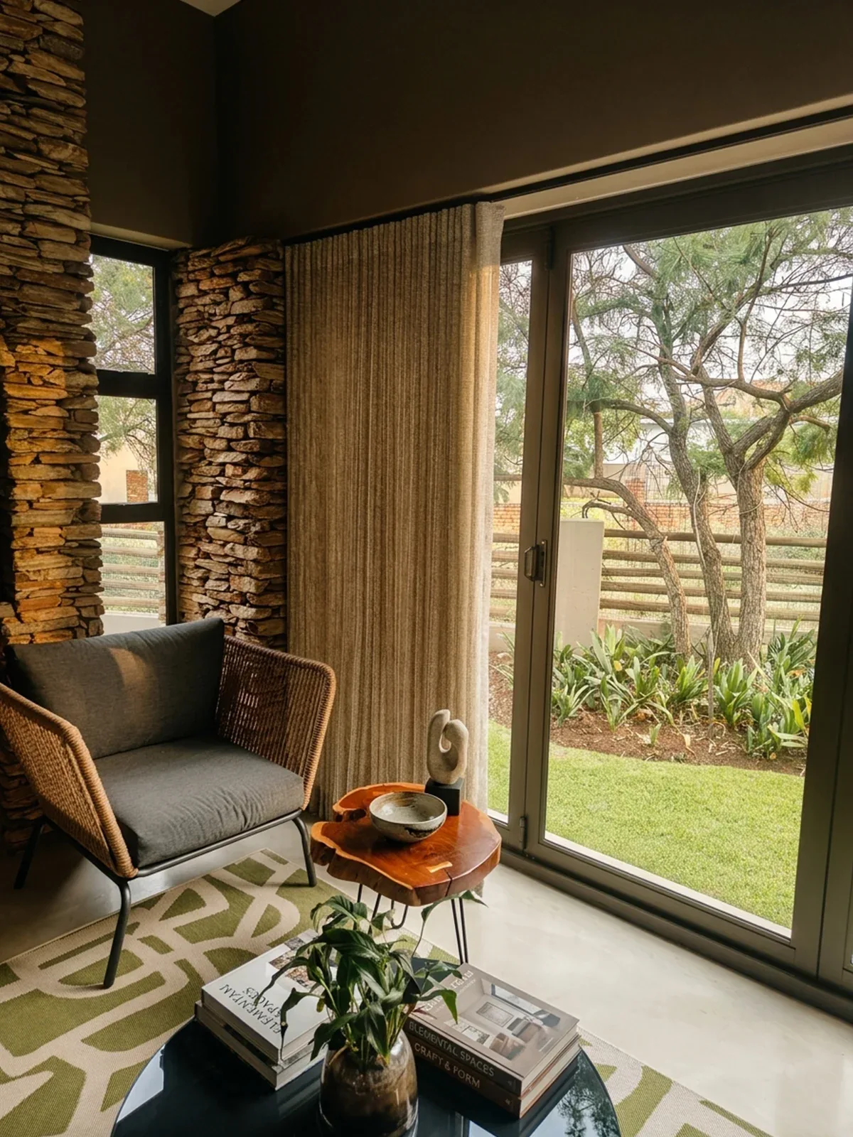 Warm textured wave sheers beside a stacked-stone wall and glass doors onto the garden at Seasons Golf Estate