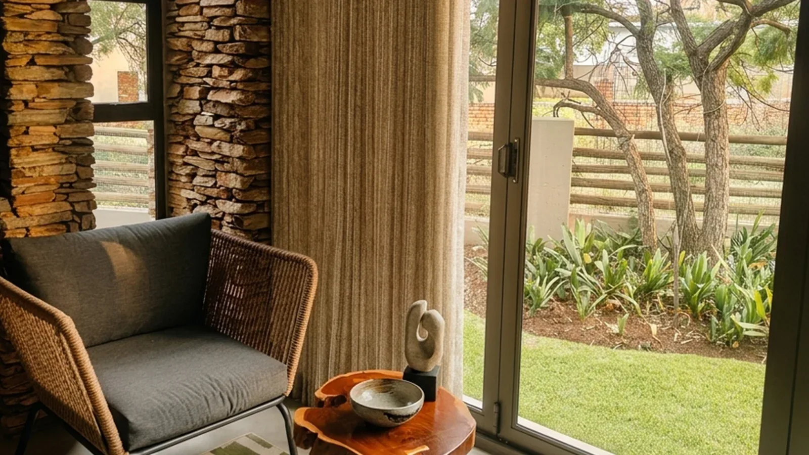 Warm natural textured wave sheers beside a stone feature wall and floor-to-ceiling glass in a living room at Seasons Golf Estate, Hartbeespoort